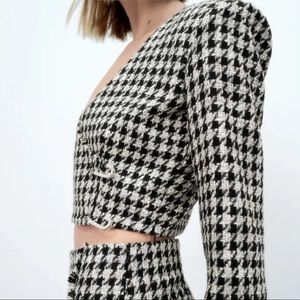 NWT- Zara Cropped Houndstooth and Crystal Safety Pin Blazer Top